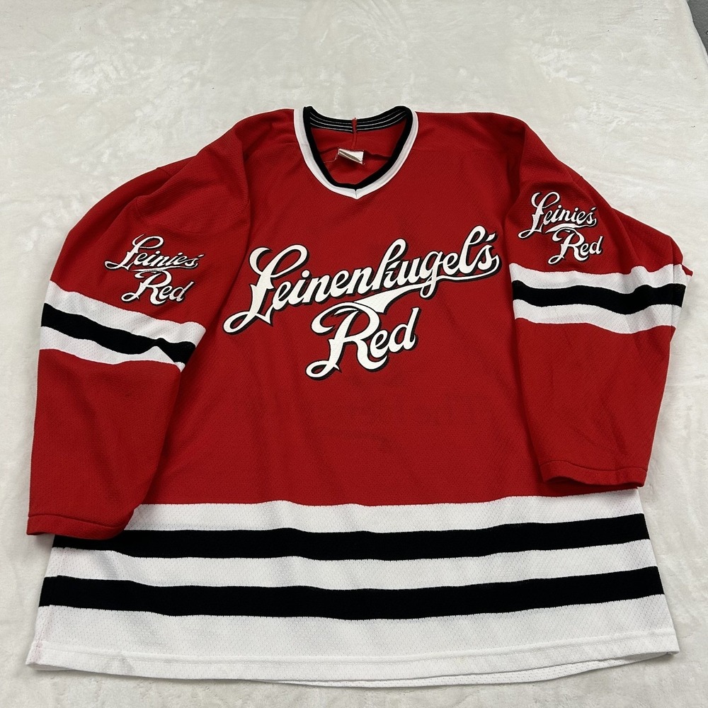 CCM Hockey Jersey Mens XL Red Leinenkugel's Red Beer Promo V-Neck Striped